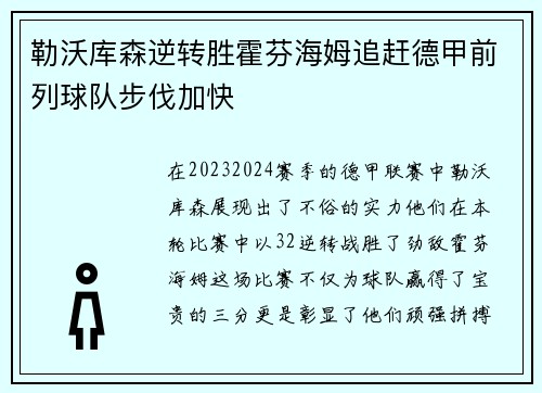 勒沃库森逆转胜霍芬海姆追赶德甲前列球队步伐加快