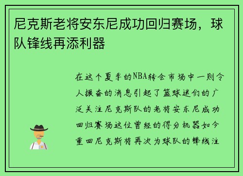 尼克斯老将安东尼成功回归赛场，球队锋线再添利器