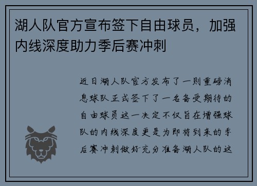 湖人队官方宣布签下自由球员，加强内线深度助力季后赛冲刺